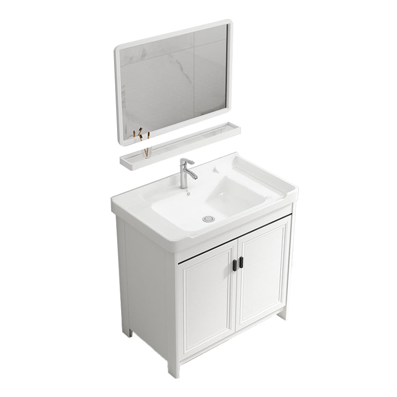 Modern Rectangular Bath Vanity White Ceramic Single Freestanding Sink Vanity Vanity & Faucet & Mirrors 28"L x 19"W x 32"H Towel Bar Not Included Clearhalo 'Bathroom Remodel & Bathroom Fixtures' 'Bathroom Vanities' 'bathroom_vanities' 'Home Improvement' 'home_improvement' 'home_improvement_bathroom_vanities' 7573170