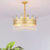 Crown Shape Metal Chandelier Light Modernism 4-Bulb Living Room Hanging Pendant Lamp in Gold with Crystal Droplet Gold Clearhalo 'Ceiling Lights' 'Chandeliers' 'Modern Chandeliers' 'Modern' Lighting' 757671