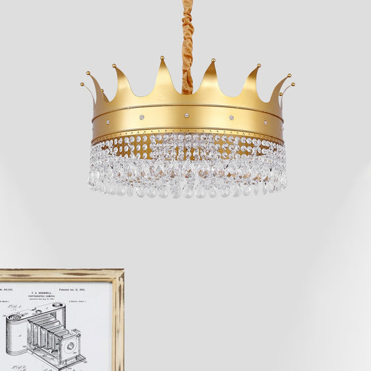 Crown Shape Metal Chandelier Light Modernism 4-Bulb Living Room Hanging Pendant Lamp in Gold with Crystal Droplet Clearhalo 'Ceiling Lights' 'Chandeliers' 'Modern Chandeliers' 'Modern' Lighting' 757672