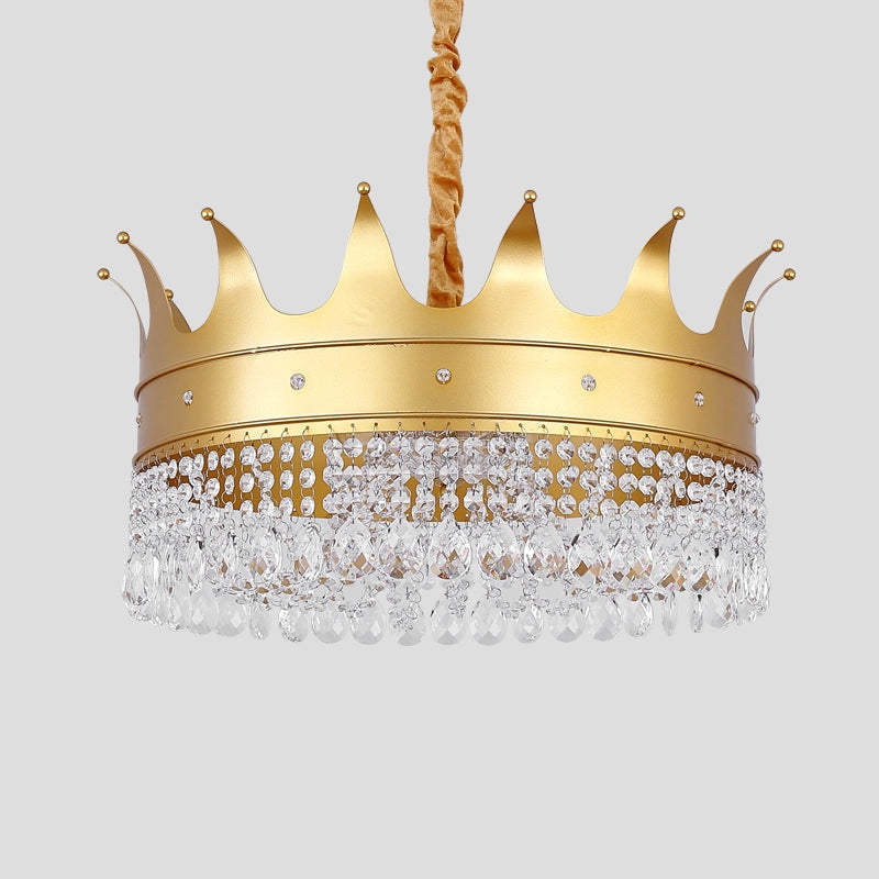 Crown Shape Metal Chandelier Light Modernism 4-Bulb Living Room Hanging Pendant Lamp in Gold with Crystal Droplet Clearhalo 'Ceiling Lights' 'Chandeliers' 'Modern Chandeliers' 'Modern' Lighting' 757673