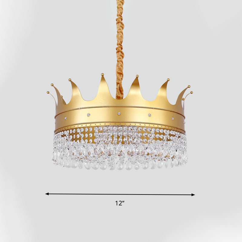 Crown Shape Metal Chandelier Light Modernism 4-Bulb Living Room Hanging Pendant Lamp in Gold with Crystal Droplet Clearhalo 'Ceiling Lights' 'Chandeliers' 'Modern Chandeliers' 'Modern' Lighting' 757674