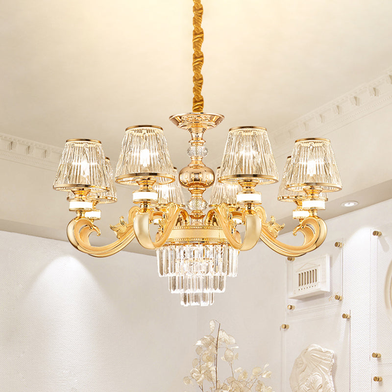 3-Tier Faceted Crystal Chandelier Lighting Modernism 6/8 Heads Living Room Hanging Lamp Kit in Gold with Conic Shade 8 Gold Clearhalo 'Ceiling Lights' 'Chandeliers' 'Modern Chandeliers' 'Modern' Lighting' 757706