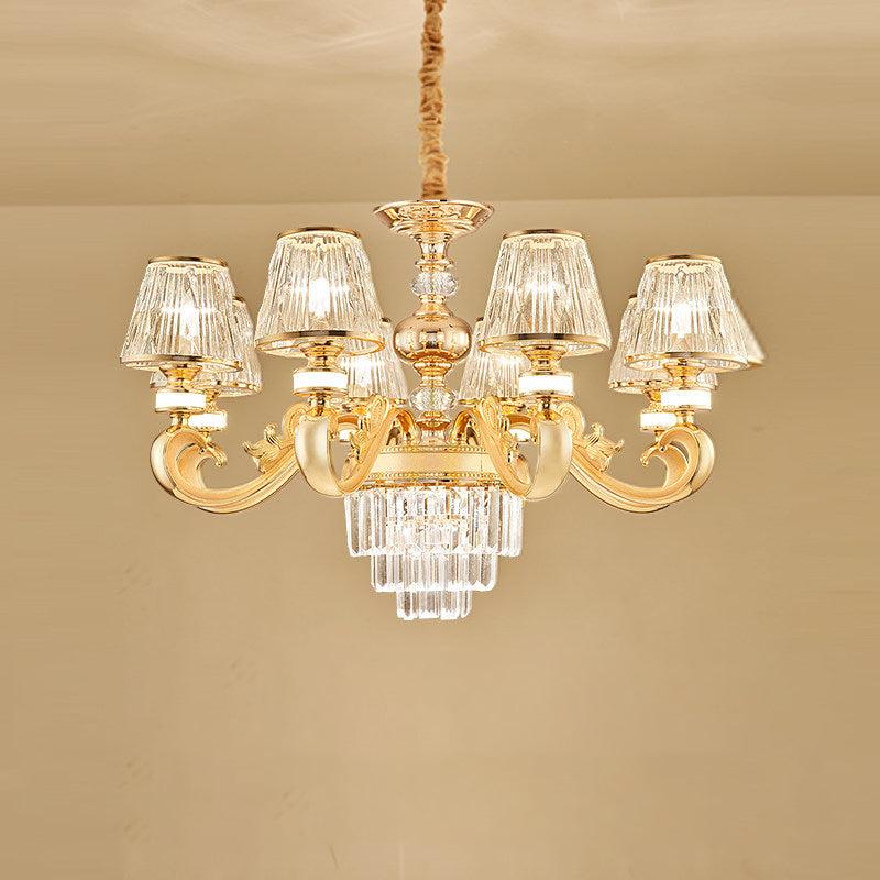 3-Tier Faceted Crystal Chandelier Lighting Modernism 6/8 Heads Living Room Hanging Lamp Kit in Gold with Conic Shade Clearhalo 'Ceiling Lights' 'Chandeliers' 'Modern Chandeliers' 'Modern' Lighting' 757708