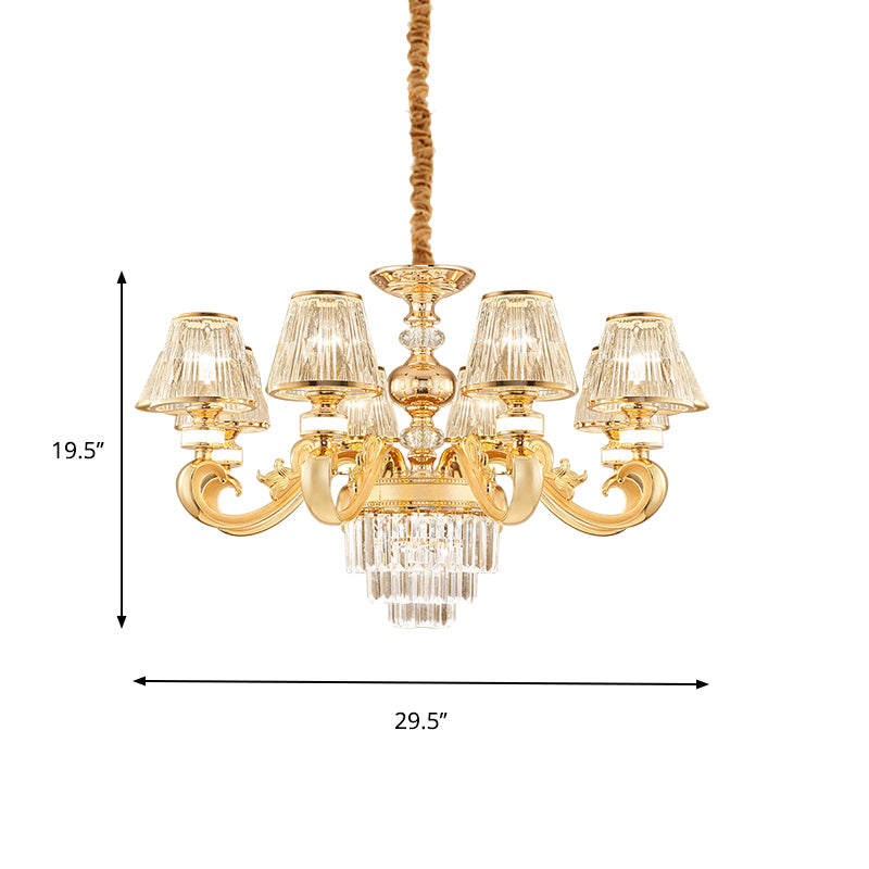 3-Tier Faceted Crystal Chandelier Lighting Modernism 6/8 Heads Living Room Hanging Lamp Kit in Gold with Conic Shade Clearhalo 'Ceiling Lights' 'Chandeliers' 'Modern Chandeliers' 'Modern' Lighting' 757709