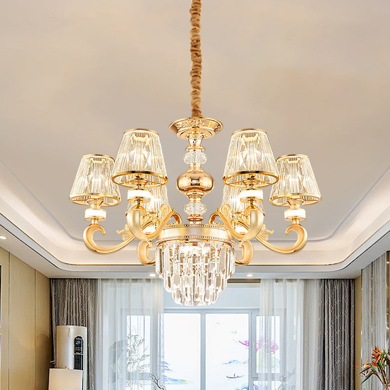 3-Tier Faceted Crystal Chandelier Lighting Modernism 6/8 Heads Living Room Hanging Lamp Kit in Gold with Conic Shade 6 Gold Clearhalo 'Ceiling Lights' 'Chandeliers' 'Modern Chandeliers' 'Modern' Lighting' 757710