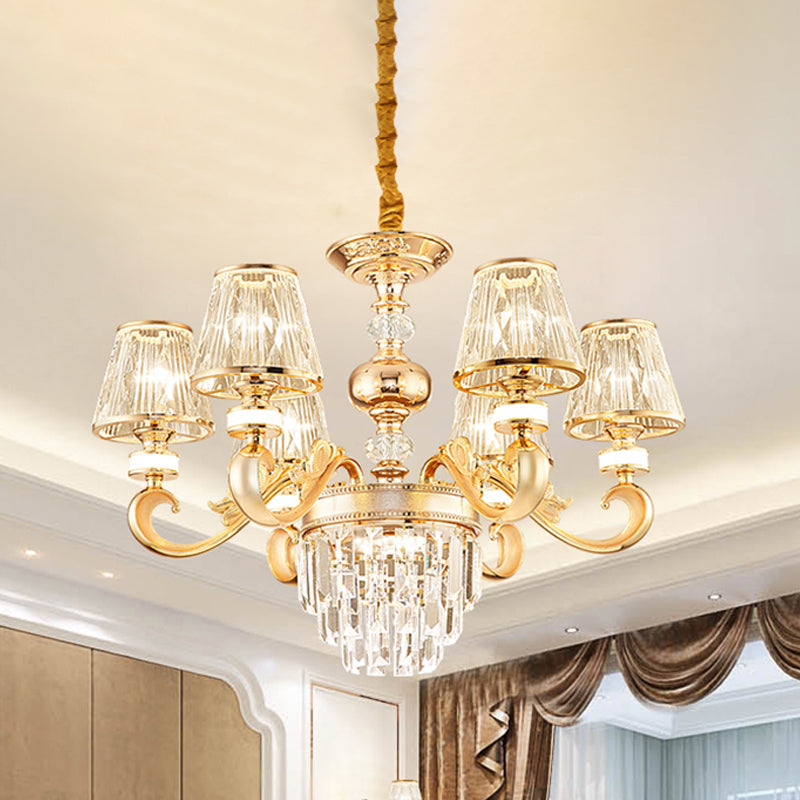 3-Tier Faceted Crystal Chandelier Lighting Modernism 6/8 Heads Living Room Hanging Lamp Kit in Gold with Conic Shade Clearhalo 'Ceiling Lights' 'Chandeliers' 'Modern Chandeliers' 'Modern' Lighting' 757711