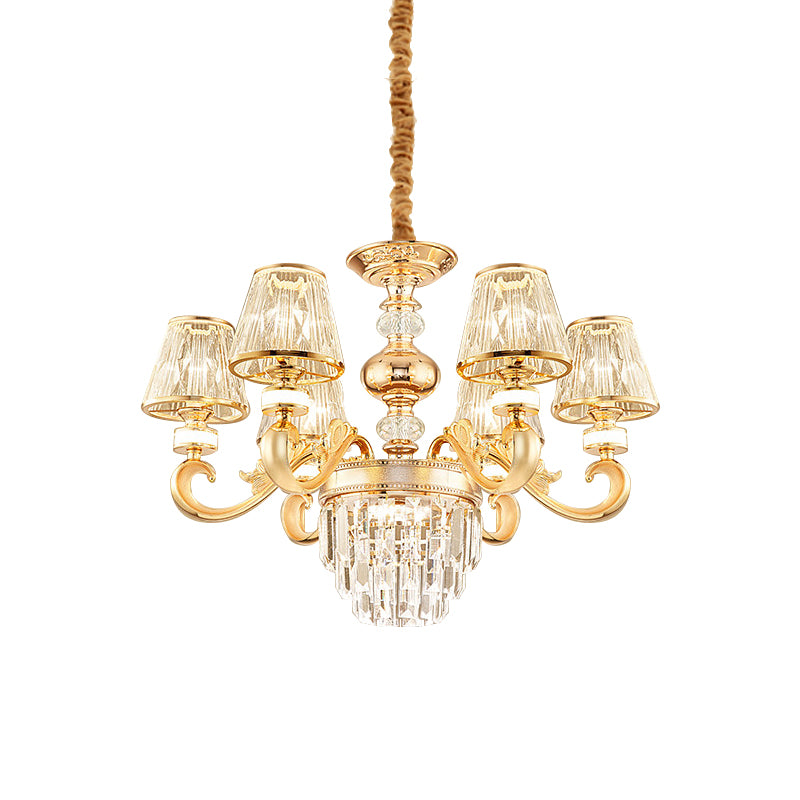 3-Tier Faceted Crystal Chandelier Lighting Modernism 6/8 Heads Living Room Hanging Lamp Kit in Gold with Conic Shade Clearhalo 'Ceiling Lights' 'Chandeliers' 'Modern Chandeliers' 'Modern' Lighting' 757712