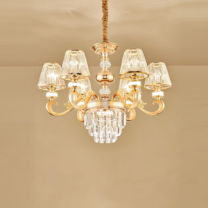 3-Tier Faceted Crystal Chandelier Lighting Modernism 6/8 Heads Living Room Hanging Lamp Kit in Gold with Conic Shade Clearhalo 'Ceiling Lights' 'Chandeliers' 'Modern Chandeliers' 'Modern' Lighting' 757713