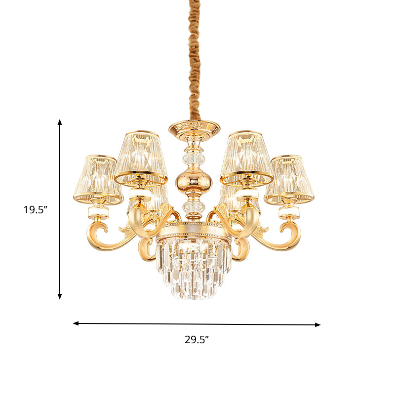 3-Tier Faceted Crystal Chandelier Lighting Modernism 6/8 Heads Living Room Hanging Lamp Kit in Gold with Conic Shade Clearhalo 'Ceiling Lights' 'Chandeliers' 'Modern Chandeliers' 'Modern' Lighting' 757714