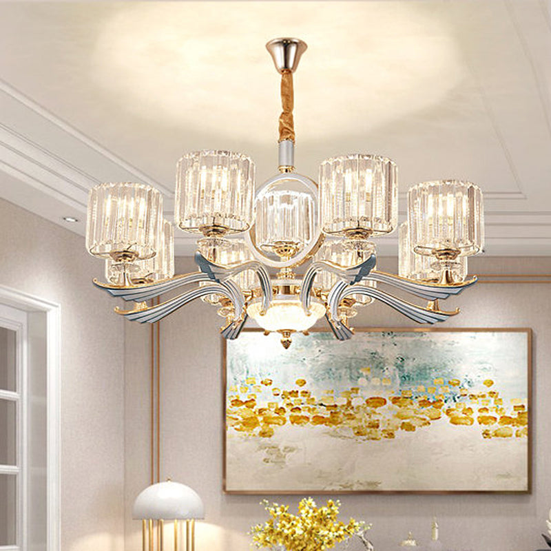 Crystal Block Cylinder Suspension Light Contemporary 6/8-Head Dining Room Chandelier in Silver 8 Silver Clearhalo 'Ceiling Lights' 'Chandeliers' 'Modern Chandeliers' 'Modern' Lighting' 757724