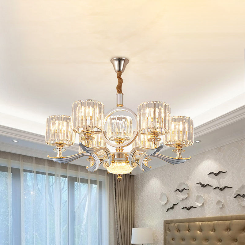 Crystal Block Cylinder Suspension Light Contemporary 6/8-Head Dining Room Chandelier in Silver 6 Silver Clearhalo 'Ceiling Lights' 'Chandeliers' 'Modern Chandeliers' 'Modern' Lighting' 757728