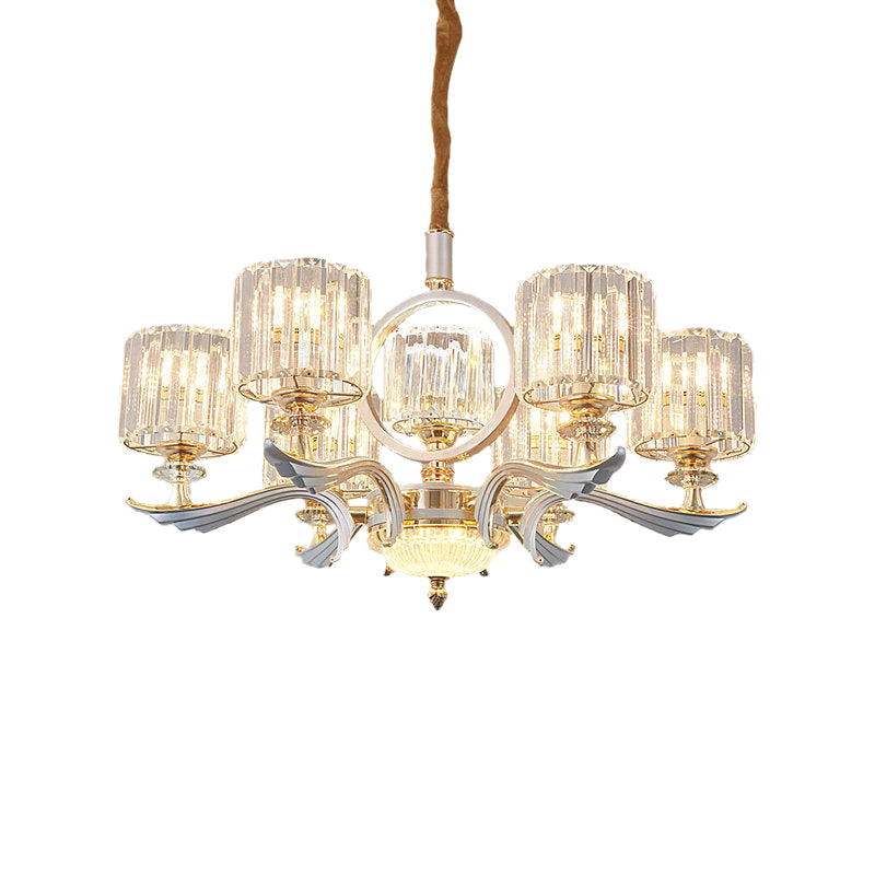 Crystal Block Cylinder Suspension Light Contemporary 6/8-Head Dining Room Chandelier in Silver Clearhalo 'Ceiling Lights' 'Chandeliers' 'Modern Chandeliers' 'Modern' Lighting' 757730