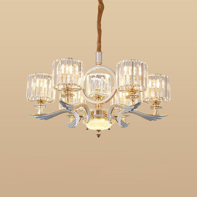 Crystal Block Cylinder Suspension Light Contemporary 6/8-Head Dining Room Chandelier in Silver Clearhalo 'Ceiling Lights' 'Chandeliers' 'Modern Chandeliers' 'Modern' Lighting' 757731