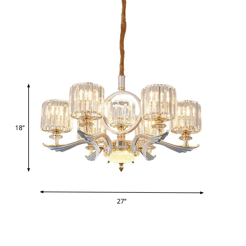 Crystal Block Cylinder Suspension Light Contemporary 6/8-Head Dining Room Chandelier in Silver Clearhalo 'Ceiling Lights' 'Chandeliers' 'Modern Chandeliers' 'Modern' Lighting' 757732