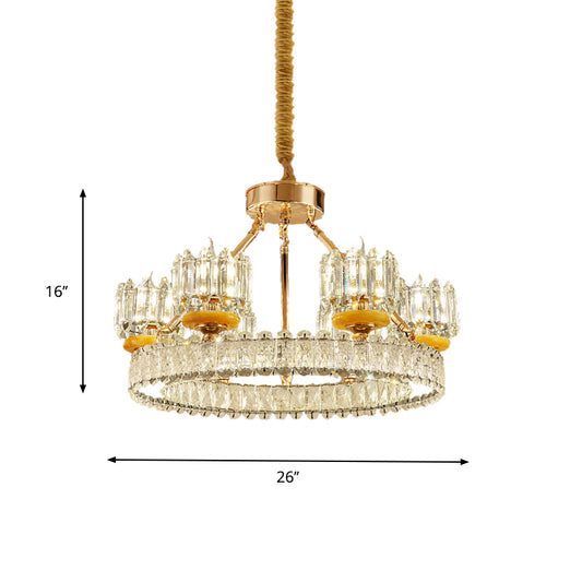 Cylinder Living Room Chandelier Lamp Modernism Crystal Block 6/8 Bulbs Gold Ring Ceiling Light Clearhalo 'Ceiling Lights' 'Chandeliers' 'Modern Chandeliers' 'Modern' Lighting' 757759