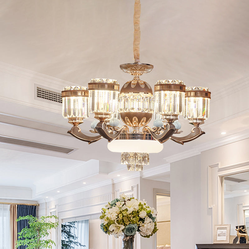 6/8 Lights Chandelier Pendant Light Modern Living Room Ceiling Hang Fixture with Cylinder Crystal Block Shade in Gold 6 Gold Clearhalo 'Ceiling Lights' 'Chandeliers' 'Modern Chandeliers' 'Modern' Lighting' 757760