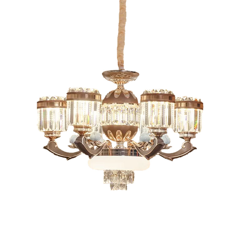 6/8 Lights Chandelier Pendant Light Modern Living Room Ceiling Hang Fixture with Cylinder Crystal Block Shade in Gold Clearhalo 'Ceiling Lights' 'Chandeliers' 'Modern Chandeliers' 'Modern' Lighting' 757761