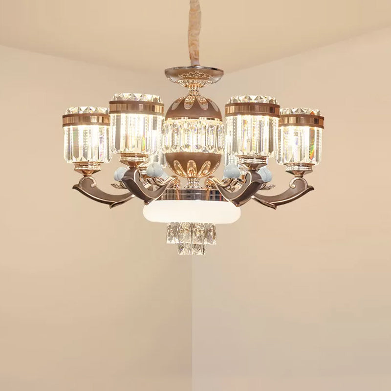 6/8 Lights Chandelier Pendant Light Modern Living Room Ceiling Hang Fixture with Cylinder Crystal Block Shade in Gold Clearhalo 'Ceiling Lights' 'Chandeliers' 'Modern Chandeliers' 'Modern' Lighting' 757762