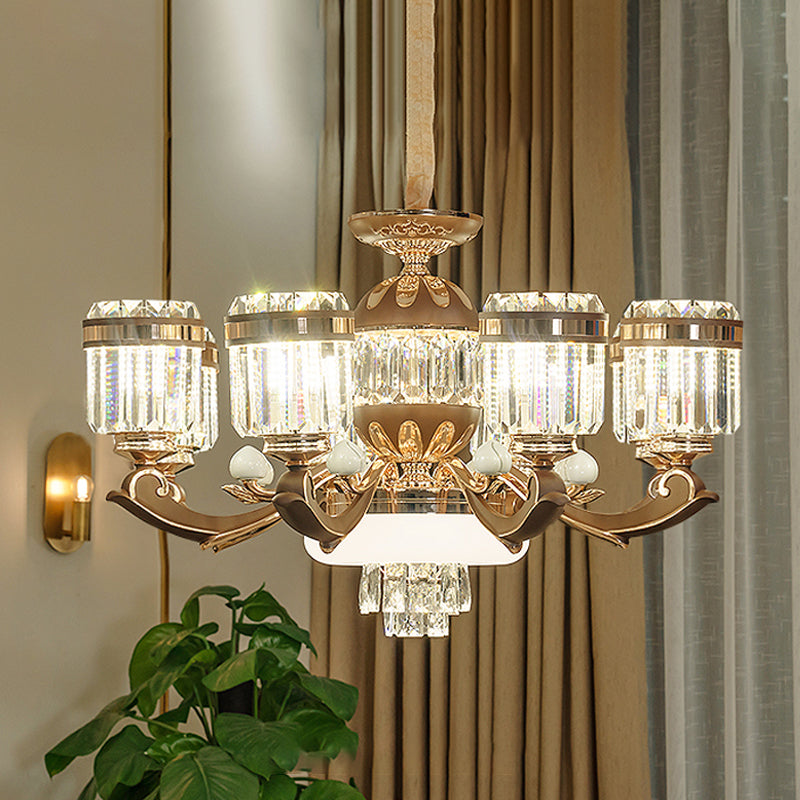 6/8 Lights Chandelier Pendant Light Modern Living Room Ceiling Hang Fixture with Cylinder Crystal Block Shade in Gold 8 Gold Clearhalo 'Ceiling Lights' 'Chandeliers' 'Modern Chandeliers' 'Modern' Lighting' 757764