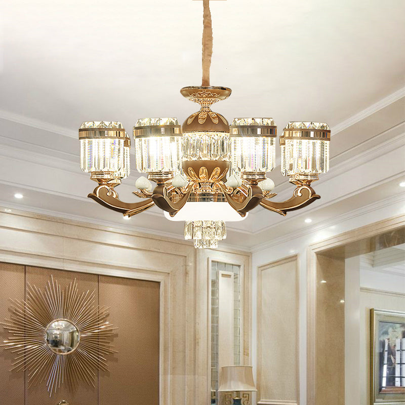 6/8 Lights Chandelier Pendant Light Modern Living Room Ceiling Hang Fixture with Cylinder Crystal Block Shade in Gold Clearhalo 'Ceiling Lights' 'Chandeliers' 'Modern Chandeliers' 'Modern' Lighting' 757765