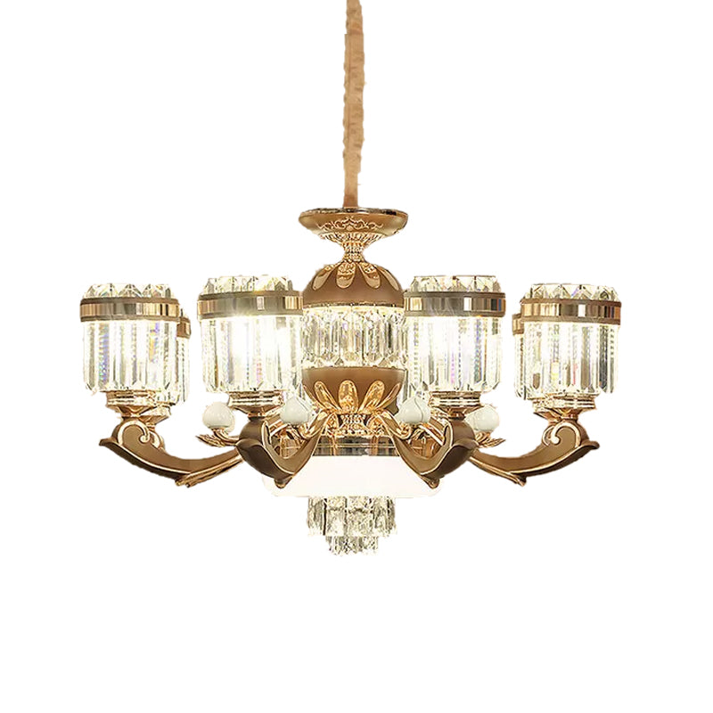 6/8 Lights Chandelier Pendant Light Modern Living Room Ceiling Hang Fixture with Cylinder Crystal Block Shade in Gold Clearhalo 'Ceiling Lights' 'Chandeliers' 'Modern Chandeliers' 'Modern' Lighting' 757766