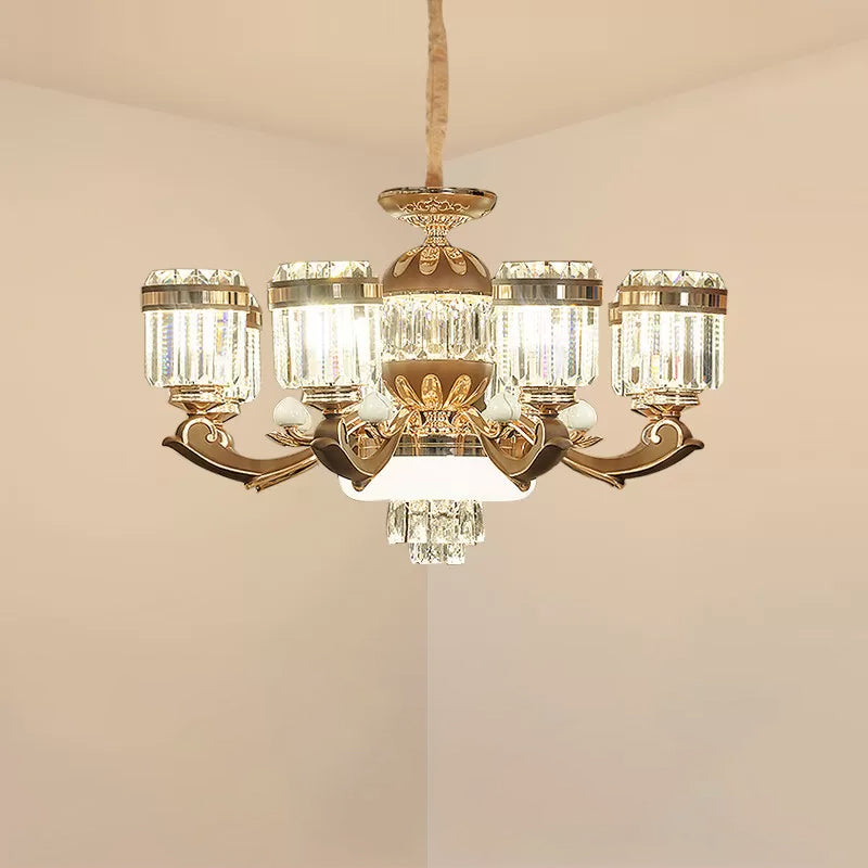 6/8 Lights Chandelier Pendant Light Modern Living Room Ceiling Hang Fixture with Cylinder Crystal Block Shade in Gold Clearhalo 'Ceiling Lights' 'Chandeliers' 'Modern Chandeliers' 'Modern' Lighting' 757767