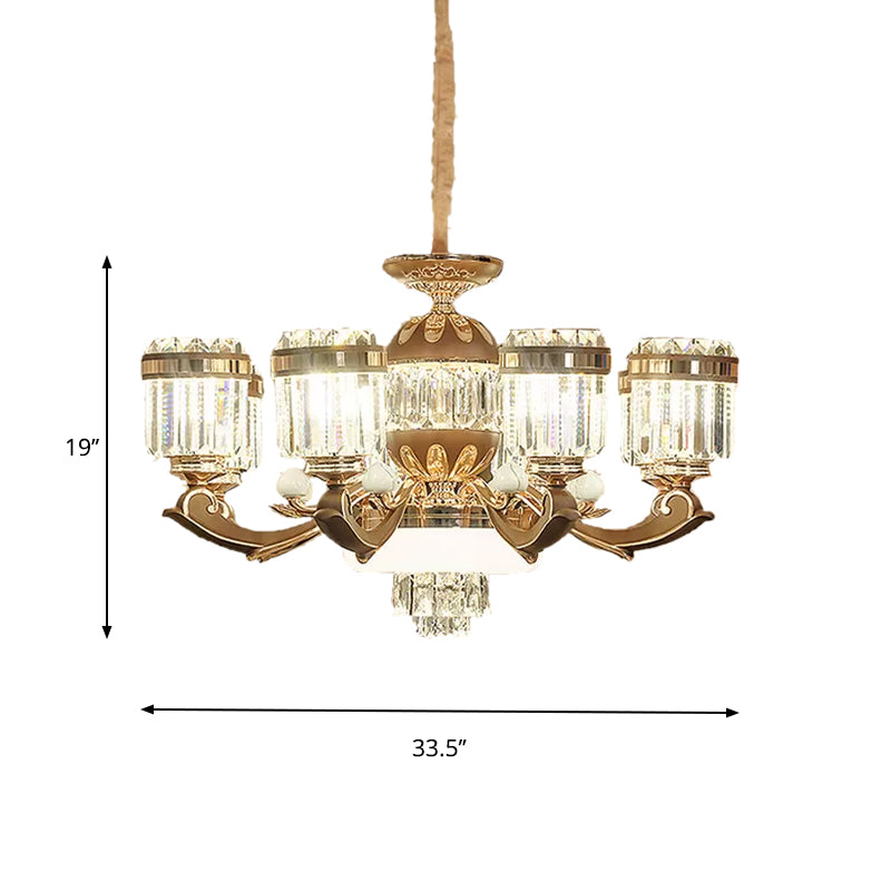 6/8 Lights Chandelier Pendant Light Modern Living Room Ceiling Hang Fixture with Cylinder Crystal Block Shade in Gold Clearhalo 'Ceiling Lights' 'Chandeliers' 'Modern Chandeliers' 'Modern' Lighting' 757768