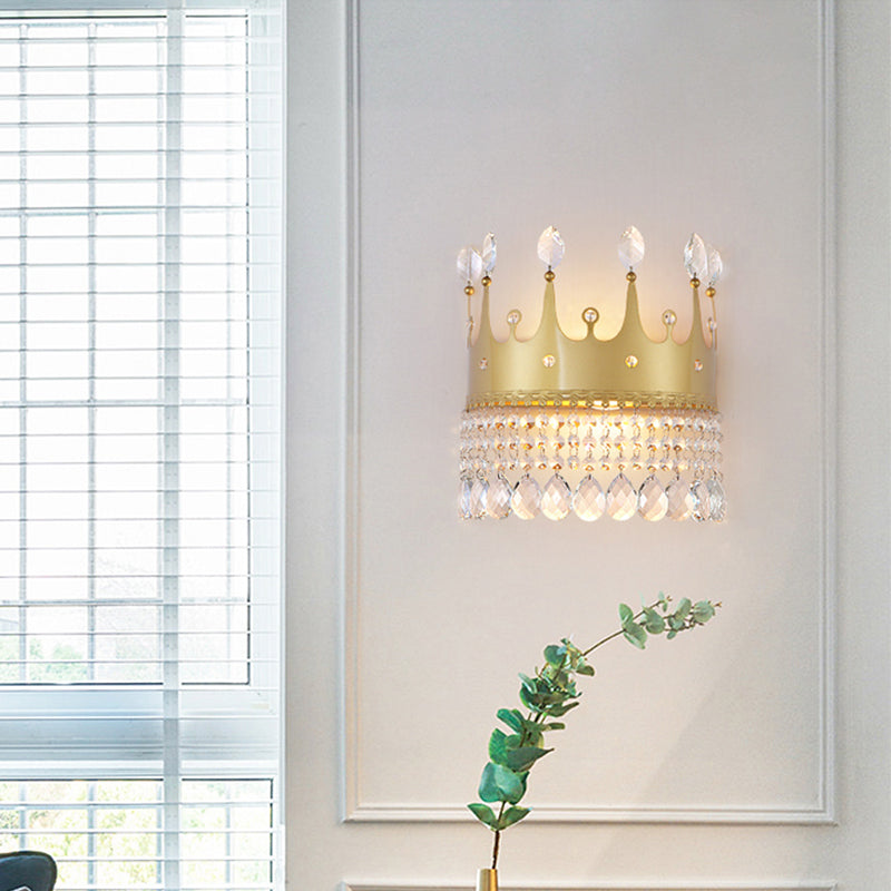 Contemporary Crown Wall Light Sconce 2 Bulbs Metallic Wall Mount Lamp Fixture in Gold with Crystal Droplet Gold Clearhalo 'Cast Iron' 'Glass' 'Industrial' 'Modern wall lights' 'Modern' 'Tiffany' 'Traditional wall lights' 'Wall Lamps & Sconces' 'Wall Lights' Lighting' 757778