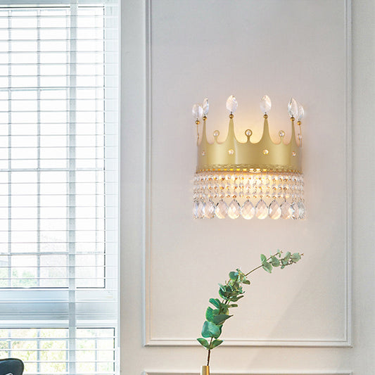 Contemporary Crown Wall Light Sconce 2 Bulbs Metallic Wall Mount Lamp Fixture in Gold with Crystal Droplet Gold Clearhalo 'Cast Iron' 'Glass' 'Industrial' 'Modern wall lights' 'Modern' 'Tiffany' 'Traditional wall lights' 'Wall Lamps & Sconces' 'Wall Lights' Lighting' 757778