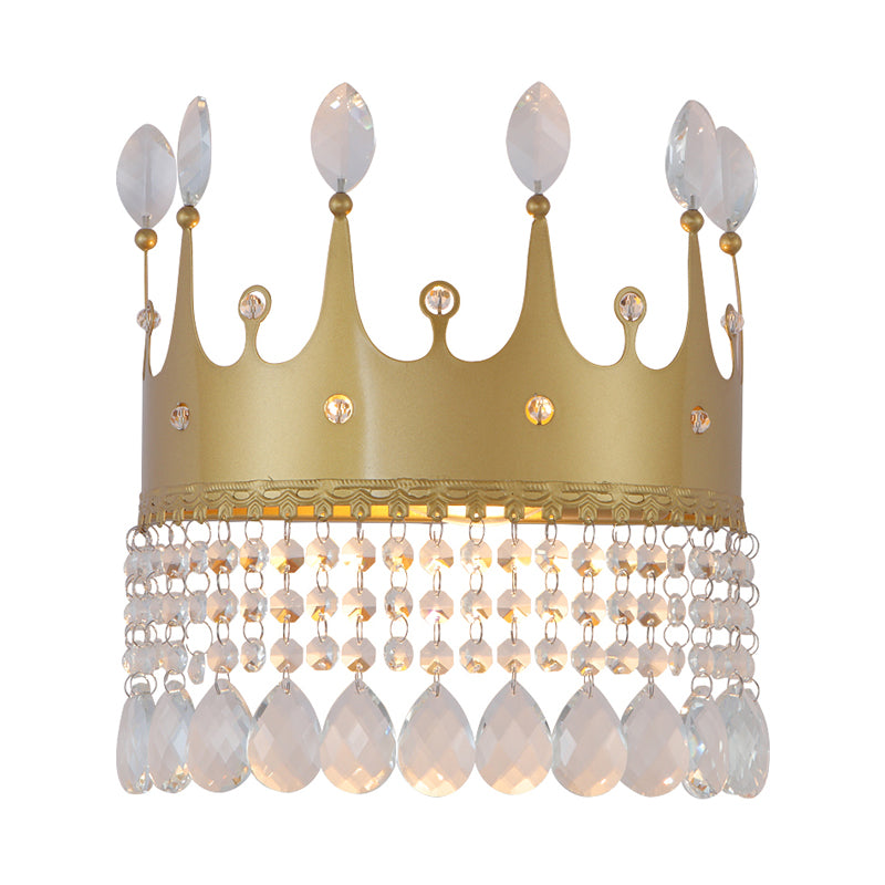 Contemporary Crown Wall Light Sconce 2 Bulbs Metallic Wall Mount Lamp Fixture in Gold with Crystal Droplet Clearhalo 'Cast Iron' 'Glass' 'Industrial' 'Modern wall lights' 'Modern' 'Tiffany' 'Traditional wall lights' 'Wall Lamps & Sconces' 'Wall Lights' Lighting' 757779