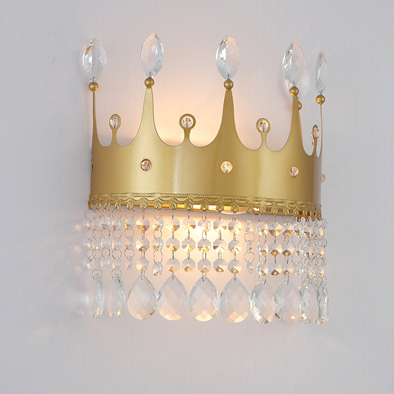 Contemporary Crown Wall Light Sconce 2 Bulbs Metallic Wall Mount Lamp Fixture in Gold with Crystal Droplet Clearhalo 'Cast Iron' 'Glass' 'Industrial' 'Modern wall lights' 'Modern' 'Tiffany' 'Traditional wall lights' 'Wall Lamps & Sconces' 'Wall Lights' Lighting' 757780