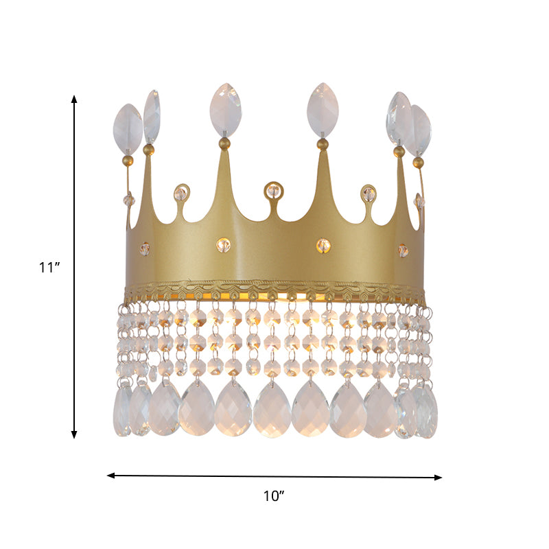 Contemporary Crown Wall Light Sconce 2 Bulbs Metallic Wall Mount Lamp Fixture in Gold with Crystal Droplet Clearhalo 'Cast Iron' 'Glass' 'Industrial' 'Modern wall lights' 'Modern' 'Tiffany' 'Traditional wall lights' 'Wall Lamps & Sconces' 'Wall Lights' Lighting' 757781