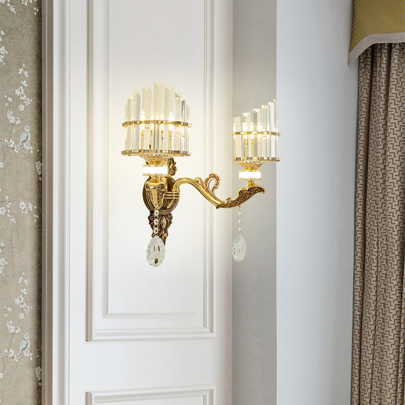 Crystal Block Gold Wall Mount Light Arc 1/2-Light Modernism Sconce Lamp Fixture for Corner 2.0 Gold Clearhalo 'Cast Iron' 'Glass' 'Industrial' 'Modern wall lights' 'Modern' 'Tiffany' 'Traditional wall lights' 'Wall Lamps & Sconces' 'Wall Lights' Lighting' 757782