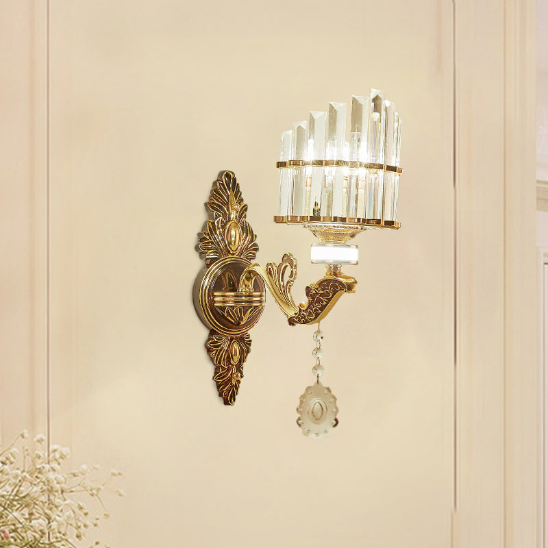 Crystal Block Gold Wall Mount Light Arc 1/2-Light Modernism Sconce Lamp Fixture for Corner 1.0 Gold Clearhalo 'Cast Iron' 'Glass' 'Industrial' 'Modern wall lights' 'Modern' 'Tiffany' 'Traditional wall lights' 'Wall Lamps & Sconces' 'Wall Lights' Lighting' 757786