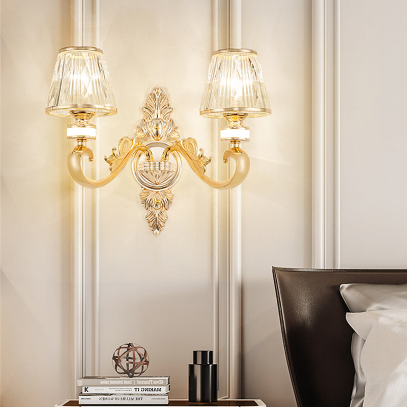 1/2-Head Wall Sconce Modern Bedside Wall Light Fixture with Cone Crystal Shade in Gold 2.0 Gold Clearhalo 'Cast Iron' 'Glass' 'Industrial' 'Modern wall lights' 'Modern' 'Tiffany' 'Traditional wall lights' 'Wall Lamps & Sconces' 'Wall Lights' Lighting' 757791
