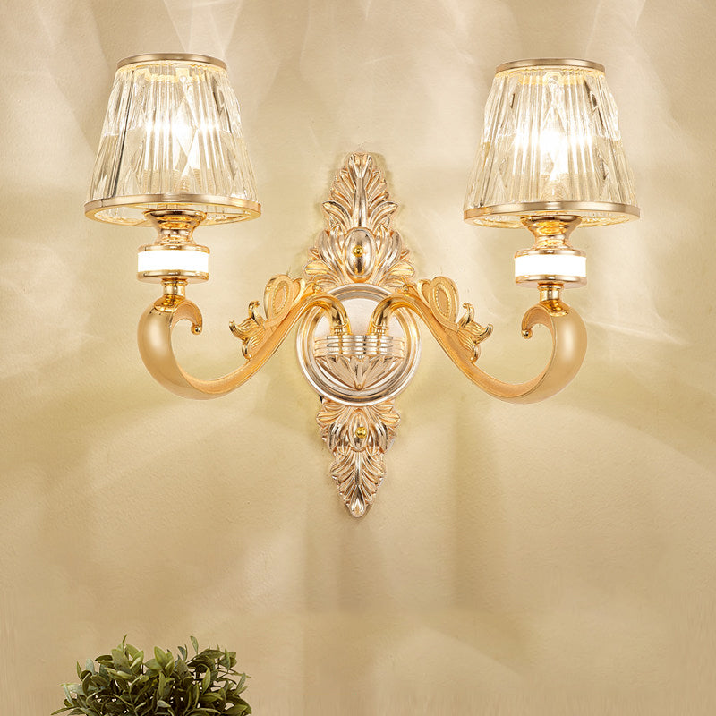 1/2-Head Wall Sconce Modern Bedside Wall Light Fixture with Cone Crystal Shade in Gold Clearhalo 'Cast Iron' 'Glass' 'Industrial' 'Modern wall lights' 'Modern' 'Tiffany' 'Traditional wall lights' 'Wall Lamps & Sconces' 'Wall Lights' Lighting' 757792