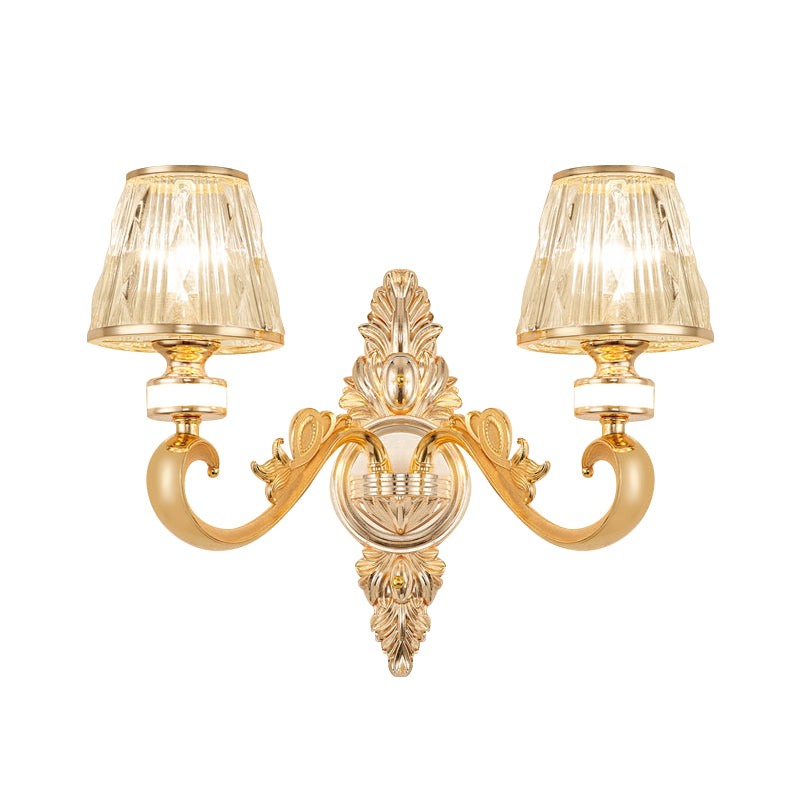 1/2-Head Wall Sconce Modern Bedside Wall Light Fixture with Cone Crystal Shade in Gold Clearhalo 'Cast Iron' 'Glass' 'Industrial' 'Modern wall lights' 'Modern' 'Tiffany' 'Traditional wall lights' 'Wall Lamps & Sconces' 'Wall Lights' Lighting' 757793
