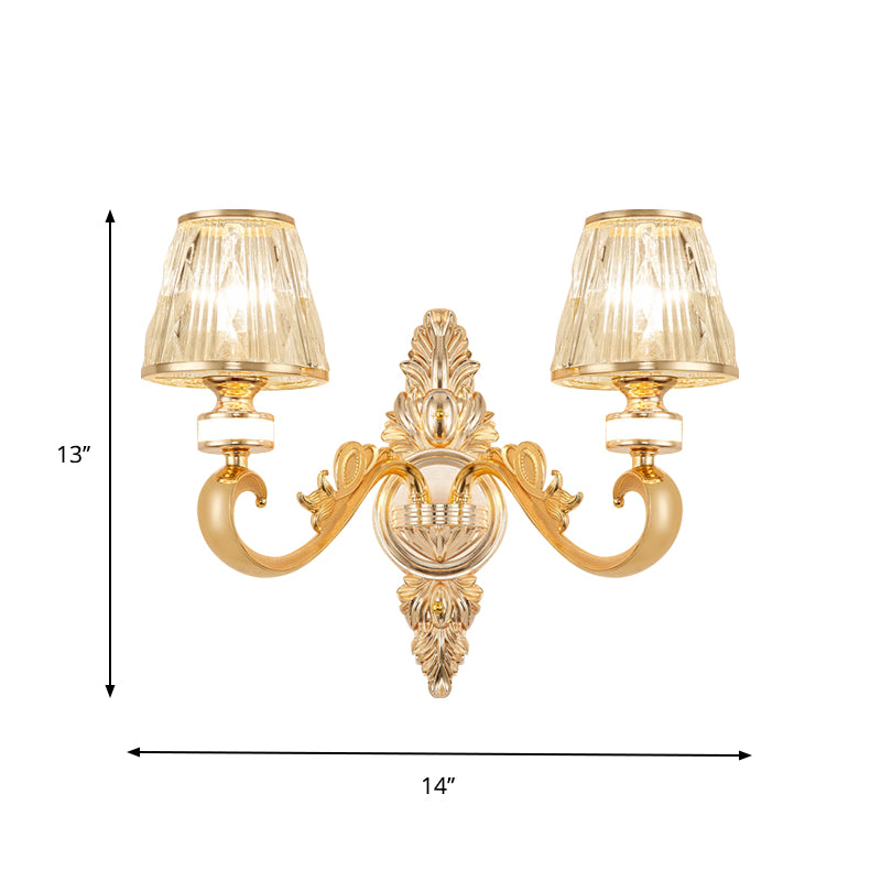 1/2-Head Wall Sconce Modern Bedside Wall Light Fixture with Cone Crystal Shade in Gold Clearhalo 'Cast Iron' 'Glass' 'Industrial' 'Modern wall lights' 'Modern' 'Tiffany' 'Traditional wall lights' 'Wall Lamps & Sconces' 'Wall Lights' Lighting' 757794