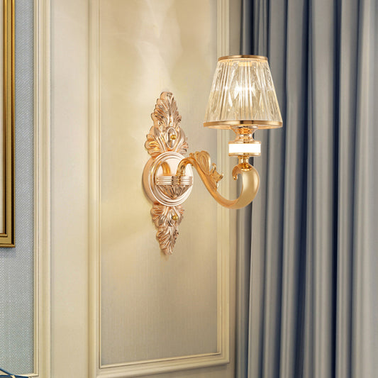 1/2-Head Wall Sconce Modern Bedside Wall Light Fixture with Cone Crystal Shade in Gold 1.0 Gold Clearhalo 'Cast Iron' 'Glass' 'Industrial' 'Modern wall lights' 'Modern' 'Tiffany' 'Traditional wall lights' 'Wall Lamps & Sconces' 'Wall Lights' Lighting' 757795
