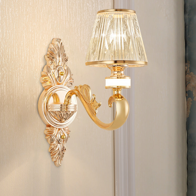 1/2-Head Wall Sconce Modern Bedside Wall Light Fixture with Cone Crystal Shade in Gold Clearhalo 'Cast Iron' 'Glass' 'Industrial' 'Modern wall lights' 'Modern' 'Tiffany' 'Traditional wall lights' 'Wall Lamps & Sconces' 'Wall Lights' Lighting' 757796