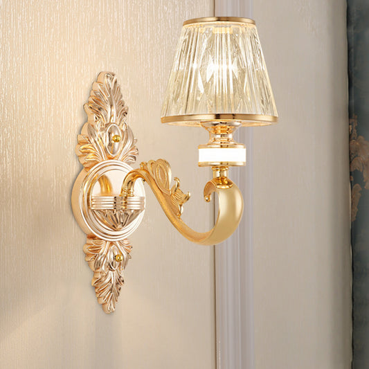 1/2-Head Wall Sconce Modern Bedside Wall Light Fixture with Cone Crystal Shade in Gold Clearhalo 'Cast Iron' 'Glass' 'Industrial' 'Modern wall lights' 'Modern' 'Tiffany' 'Traditional wall lights' 'Wall Lamps & Sconces' 'Wall Lights' Lighting' 757796