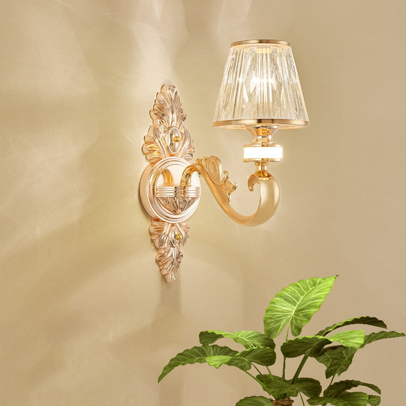 1/2-Head Wall Sconce Modern Bedside Wall Light Fixture with Cone Crystal Shade in Gold Clearhalo 'Cast Iron' 'Glass' 'Industrial' 'Modern wall lights' 'Modern' 'Tiffany' 'Traditional wall lights' 'Wall Lamps & Sconces' 'Wall Lights' Lighting' 757797