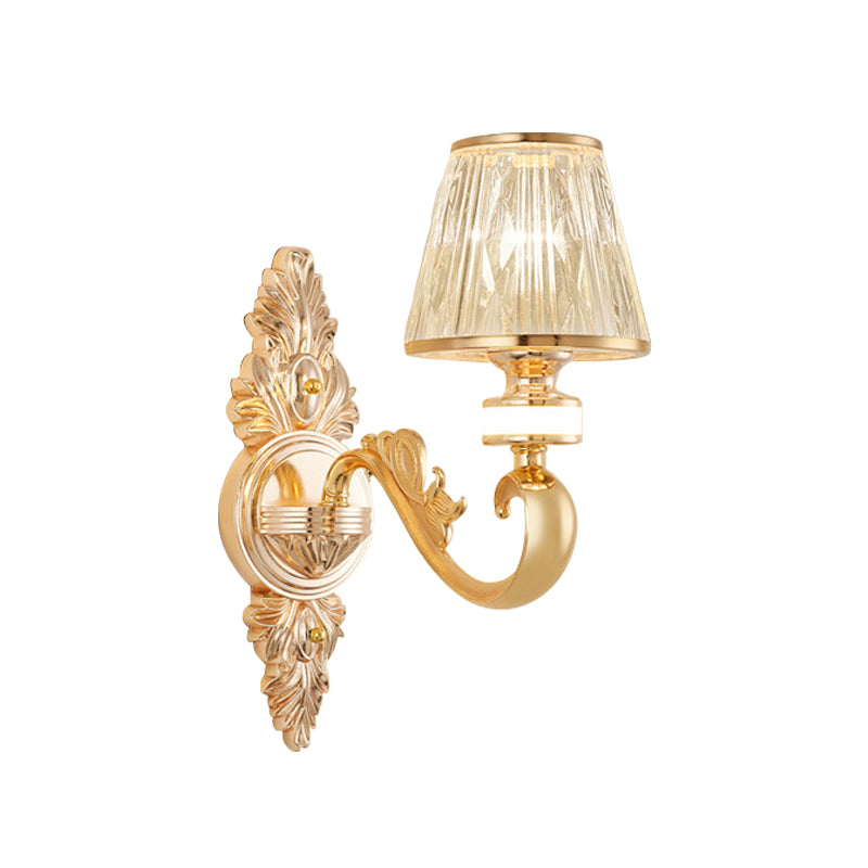 1/2-Head Wall Sconce Modern Bedside Wall Light Fixture with Cone Crystal Shade in Gold Clearhalo 'Cast Iron' 'Glass' 'Industrial' 'Modern wall lights' 'Modern' 'Tiffany' 'Traditional wall lights' 'Wall Lamps & Sconces' 'Wall Lights' Lighting' 757798