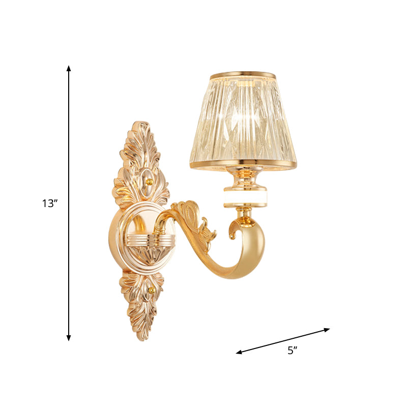 1/2-Head Wall Sconce Modern Bedside Wall Light Fixture with Cone Crystal Shade in Gold Clearhalo 'Cast Iron' 'Glass' 'Industrial' 'Modern wall lights' 'Modern' 'Tiffany' 'Traditional wall lights' 'Wall Lamps & Sconces' 'Wall Lights' Lighting' 757799