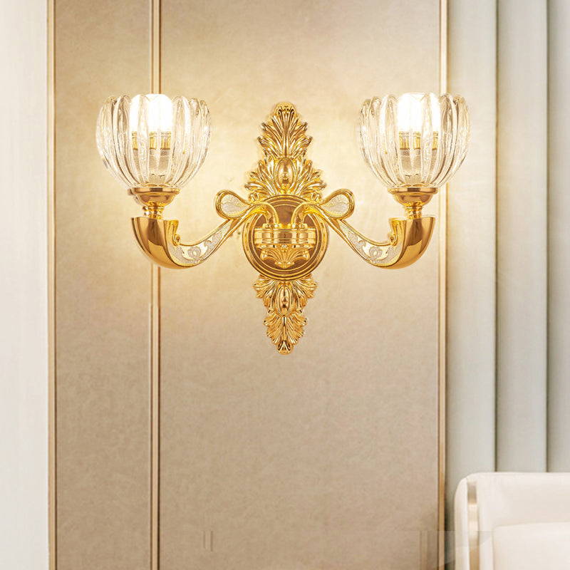 Beveled Crystal Dome Sconce Light Modernism 1/2-Bulb Bedroom Wall Mounted Lamp Fixture in Gold 2.0 Gold Clearhalo 'Cast Iron' 'Glass' 'Industrial' 'Modern wall lights' 'Modern' 'Tiffany' 'Traditional wall lights' 'Wall Lamps & Sconces' 'Wall Lights' Lighting' 757800