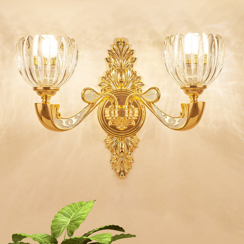 Beveled Crystal Dome Sconce Light Modernism 1/2-Bulb Bedroom Wall Mounted Lamp Fixture in Gold Clearhalo 'Cast Iron' 'Glass' 'Industrial' 'Modern wall lights' 'Modern' 'Tiffany' 'Traditional wall lights' 'Wall Lamps & Sconces' 'Wall Lights' Lighting' 757801