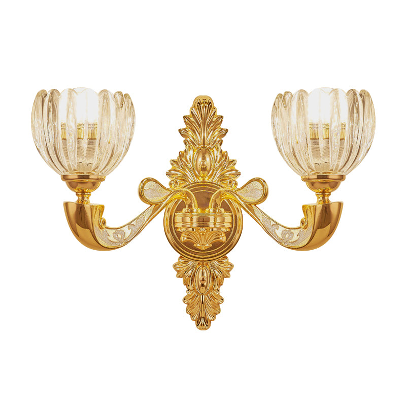 Beveled Crystal Dome Sconce Light Modernism 1/2-Bulb Bedroom Wall Mounted Lamp Fixture in Gold Clearhalo 'Cast Iron' 'Glass' 'Industrial' 'Modern wall lights' 'Modern' 'Tiffany' 'Traditional wall lights' 'Wall Lamps & Sconces' 'Wall Lights' Lighting' 757802