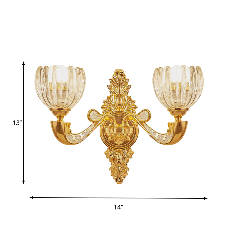 Beveled Crystal Dome Sconce Light Modernism 1/2-Bulb Bedroom Wall Mounted Lamp Fixture in Gold Clearhalo 'Cast Iron' 'Glass' 'Industrial' 'Modern wall lights' 'Modern' 'Tiffany' 'Traditional wall lights' 'Wall Lamps & Sconces' 'Wall Lights' Lighting' 757803