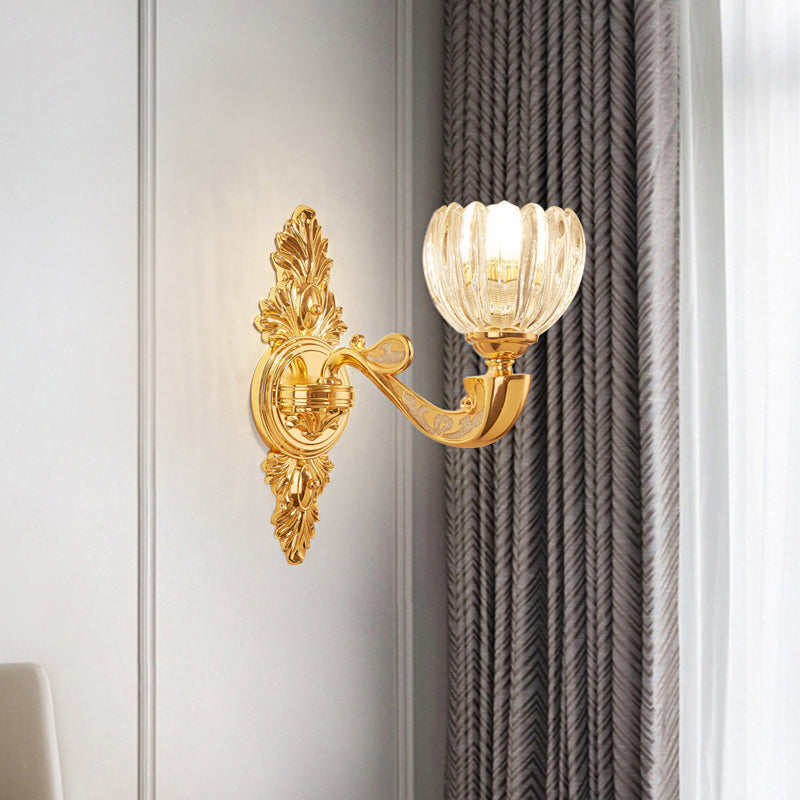 Beveled Crystal Dome Sconce Light Modernism 1/2-Bulb Bedroom Wall Mounted Lamp Fixture in Gold Clearhalo 'Cast Iron' 'Glass' 'Industrial' 'Modern wall lights' 'Modern' 'Tiffany' 'Traditional wall lights' 'Wall Lamps & Sconces' 'Wall Lights' Lighting' 757805