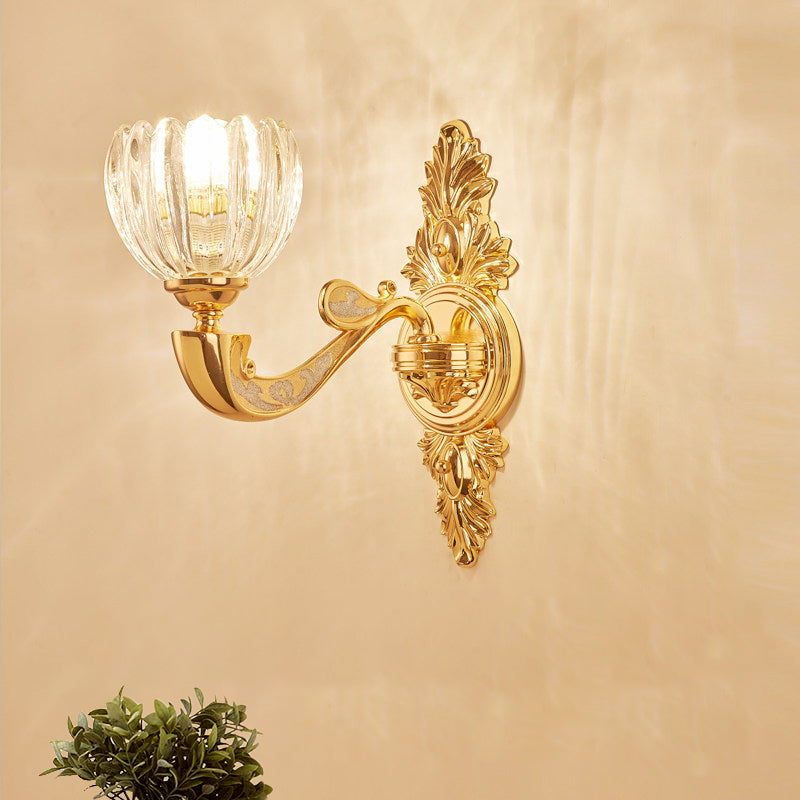 Beveled Crystal Dome Sconce Light Modernism 1/2-Bulb Bedroom Wall Mounted Lamp Fixture in Gold Clearhalo 'Cast Iron' 'Glass' 'Industrial' 'Modern wall lights' 'Modern' 'Tiffany' 'Traditional wall lights' 'Wall Lamps & Sconces' 'Wall Lights' Lighting' 757806